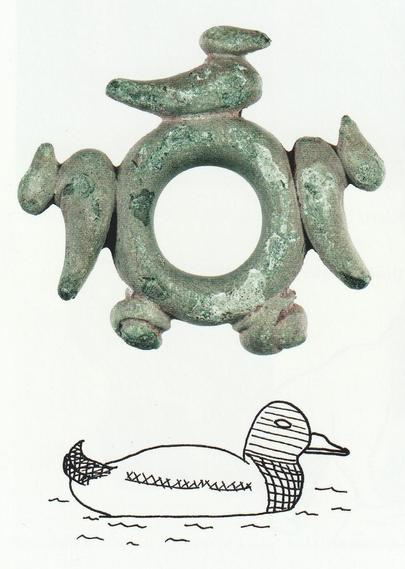 2 images from 50 LGBTQ+ Finds from the Portable Antiquities Scheme by Ben Paites. The top image is a copper-alloy Iron Age terret ring with ducks on. The bottom image is a line drawing of a duck.