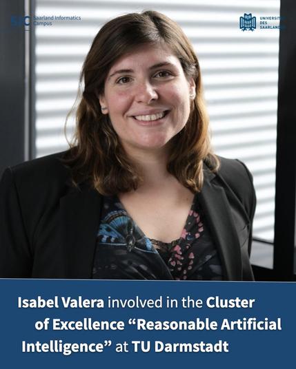 A photo of Professor Isabel Valera. The banner below the photo says, "Isabel Valera involved in the Cluster of Excellence 'Reasonable Artificial Intelligence' at TU Darmstadt."