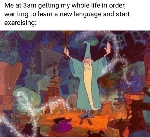 The image features a cartoon wizard character, dressed in a long, light blue robe with a pointed hat, standing in a cluttered room filled with various magical objects. The wizard is holding a wand aloft with one hand and has his other hand raised, as if casting a spell. Sparkles and magical effects surround him, suggesting the use of magic. The background is filled with shelves, potions, and other mystical items, creating a chaotic yet magical atmosphere. The text at the top of the image reads: "Me at 3am getting my whole life in order, wanting to learn a new language and start exercising:"