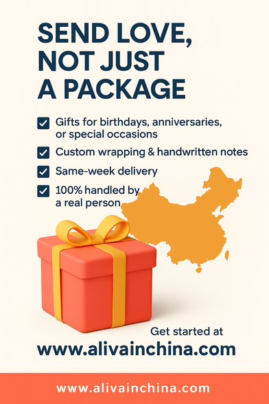 Want to surprise your friend or loved one in China? 🎁🇨🇳
Whether it’s a birthday, graduation, or just because — I can help you buy, pack, and deliver thoughtful gifts to anywhere in China.

✔️ Gifts for birthdays, anniversaries, or special occasions
✔️ Custom wrapping & handwritten notes
✔️ Same-week delivery
✔️ 100% handled by a real person — me! 😄

No more stress or confusion — just send me a message and I’ll make it happen.

👉 DM me or visit www.alivainchina.com/#gifts

#GiftDeliveryChina #SendLoveToChina #AliInChina #ChinaGifts #BirthdayGiftChina #CarePackage #GiftServiceChina #SendToChina #InternationalLove #ChinaLogistics #PakistaniInChina #ChinaSupportServices”