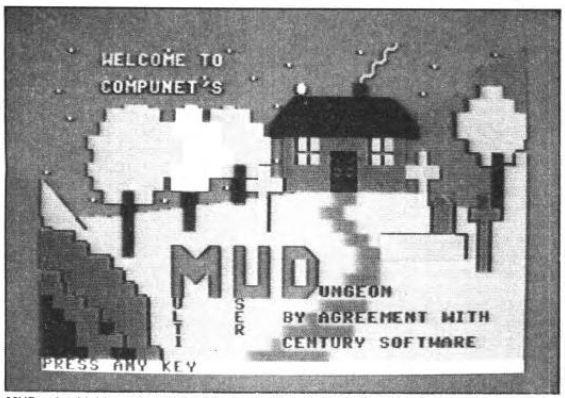 title screen for compunet's mud (multi user dungeon).. lofi pixelated path leading to a house with trees surrounding. smoke is coming out of the chimney.