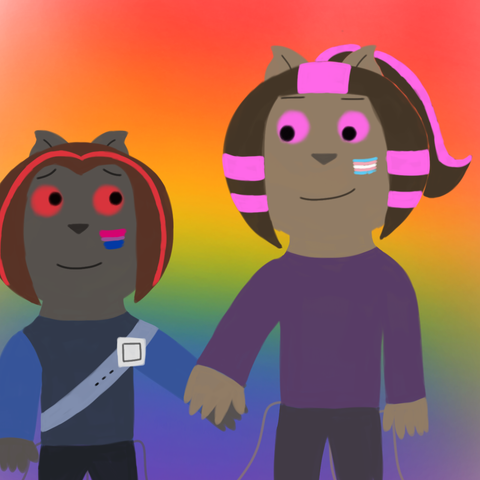 Drawing of Owen looking lovingly at Nova and Nova is looking confidently at Owen. They both are holding hands and smiling. They both also have pride flags in their cheeks which are bi flag for Owen and trans flag for Nova. The background is in rainbow flag's colors