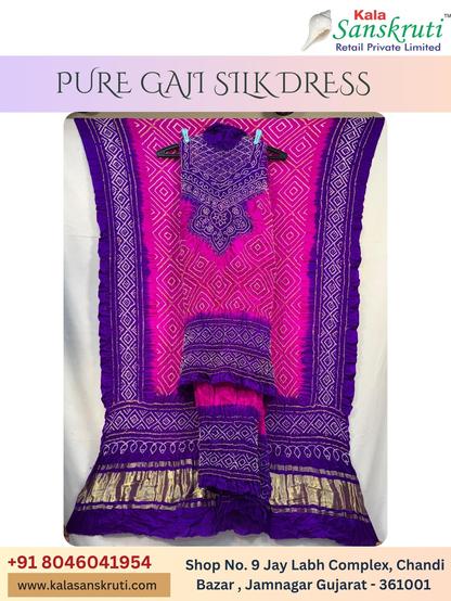 ✨👑💖 perfectly align with luxury, Pink & Purple Pure Gaji Silk Bandhani dress.