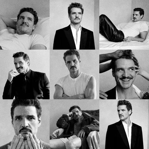 9 different pics of Pedro Pascal in black/white from his interview article in Vanity Fair. On some he wears a black leather pants and a white shirt while lounging on a bed. In others he wears no pants and only a dark jacket and there are some in which he wears a dark suit and a white button-down. All of them are sexy.