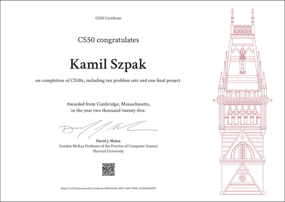 CS50x Certificate for Kamil Szpak