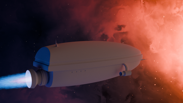 Huge cylindrical space ship heading for a nebula