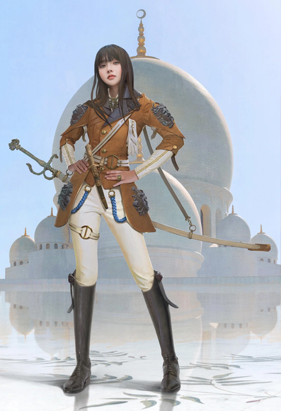 The image features a woman standing confidently in front of a large, domed building with a crescent moon finial, reminiscent of Middle Eastern architecture. She is dressed in a detailed, historical-style outfit that combines elements of military and cultural attire. Her attire includes a brown jacket with silver embellishments and epaulets, white pants with gold accents, and tall black boots. She holds a sword with an ornate hilt, suggesting a role of significance or combat readiness. The background shows a serene, reflective surface, enhancing the grandeur of the scene.