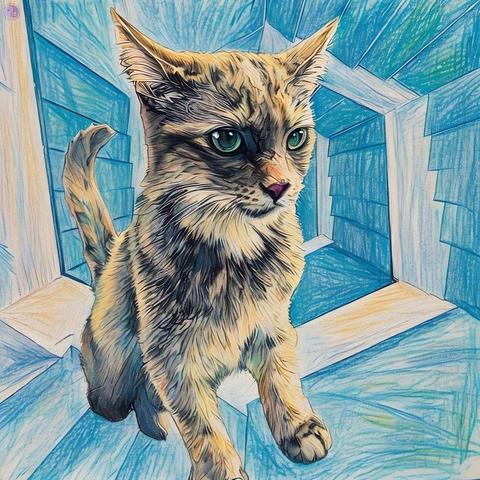 Photo illustration with a crayon filter, showing a six month old kitten, leggy with irregular tortoiseshell patches of orange and cream color on soft gray fur, climbing a spiral staircase of white and shades of green-blue that stretches from infinite space below.