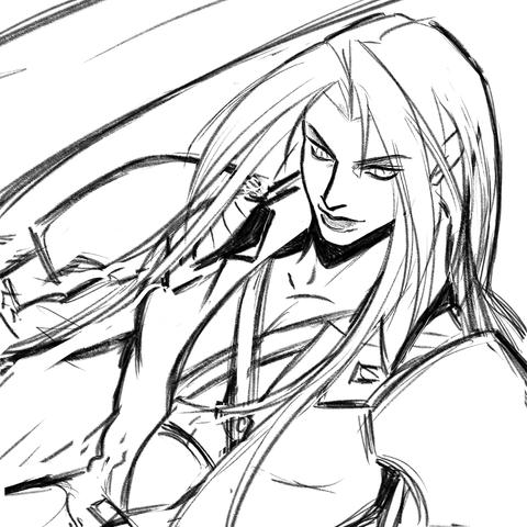 digital sketch of Sephiroth in a tilted angle looking at something below and smirking