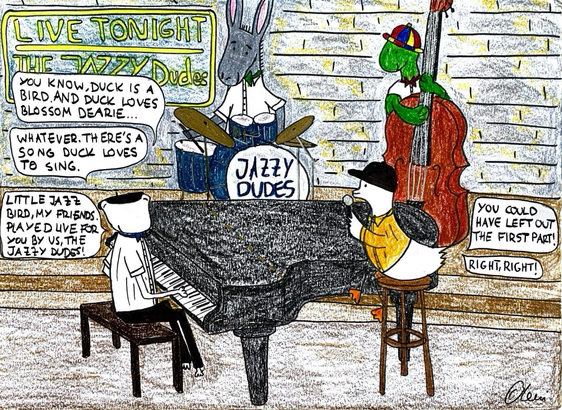 In your hand an Old Fashioned or a glass of red wine. Dimmed light, relaxed atmosphere. That’s how it is in the jazz club when the famous “Jazzy Dudes” perform. Duck enchants you today with the standard “Little Jazz Bird”. Fiete charmingly moderates the song! Enjoy it!  The story 🐸: You know, Duck is a bird. And Duck loves Blossom Dearie…  🦆: You could have left out the first part!  🐸: Whatever. There’s a song Duck loves to sing.   🦆: Right, right!  🐸: Little Jazz Bird, my friends. Played live for you by us, the Jazzy Dudes!  #fieteandduck #comic #duck #frog #dailycomic #travel #dreaming #coffee #mentalhealthmatters #mentalhealthawareness #introvertlife #ambivertlife #coffee #coffeelove #illustration #characterduo #cozycomics