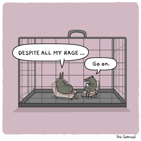Two rats sit in the cage. One of them appears to be a therapist, the other appears to be a patient. The patient says “despite all my rage…” Then the therapist says “go on”