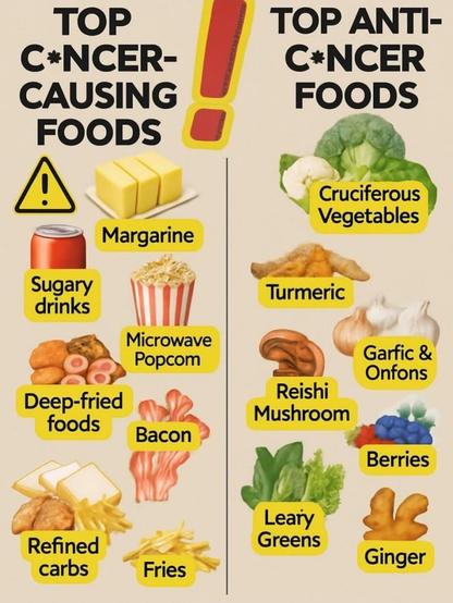 A badly cobbled together infographic divided into two halves (divided by a giant red exclamation mark and a vertical line).
On the left:
TOP C*NCER-CAUSING FOODS (plus a triangular yellow exclamation mark warning sign)
Margarine / Sugary drinks [the image for this appears to be the can emoji] / Microwave popcom [sic] / Deep-fried foods / Bacon / Refined carbs / Fries
TOP ANTI-C*NCER FOODS
Cruciferous Vegetables / Turmeric / Garfic & Onfons [sic] / Reishi Mushroom / Berries / Leary [sic] Greens / Ginger
[The images accompanying these do not all look quite like the things they're representing]