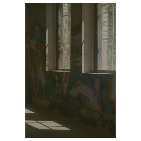 Durch die Sprossen-Fenster eines mit Graffiti besprühten Tor-Durchgangs fällt Sonnenlicht  und wirft akkurate Quadrate auf den Asphalt. 