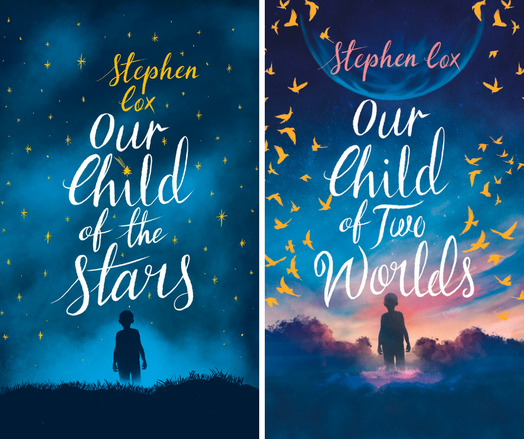 Our Child of the Stars and Our Child of Two Worlds, beautiful book covers. Both show a boy silhouetted against a mysterious sky.  Our Child of the Stars shows a misty night, but many bright stars.  Our Child of Worlds shows dawn breaking pink and blue, with yellow birds rising and a mysterious planet.