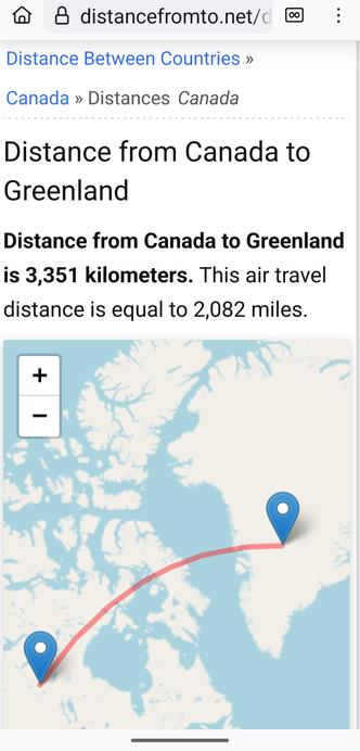Map of northeastern Canada and Greenland with a flight connection shown by a line.

Source:

https://www.distancefromto.net/distance-from-canada-to-greenland