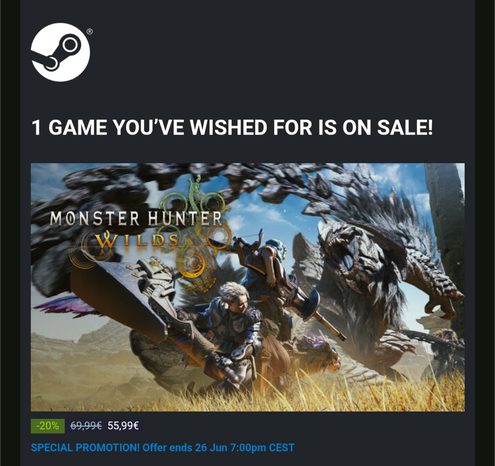 Screenshot of the Steam email notification about the discount happening on the Monster Hunter Wilds game