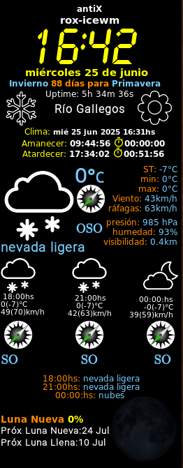 #antiX
#openweathermap
#bash
#Conky
#nerding
#countdown
#weather 🥶 
#clima
#compass
#brújula  
#RíoGallegos 
#Invierno2025
#winter ❄️