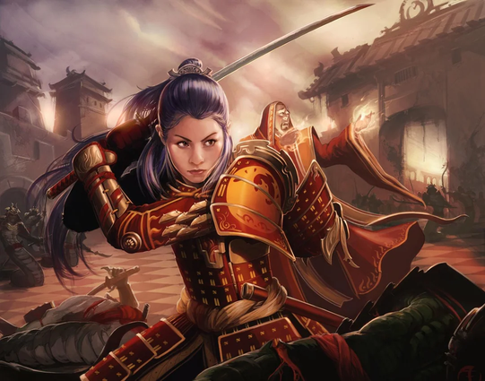 The image depicts a female warrior in traditional samurai armor, poised in a dynamic combat stance. She is wearing a red and gold armor set with intricate designs, including a helmet with a crest and a flowing cape. Her long, purple hair is tied back, and she holds a sword aloft with her right hand, while her left hand glows with a mystical energy. The background shows a battle scene with other warriors and a castle-like structure, suggesting a historical or fantasy setting. The sky is overcast, adding to the dramatic atmosphere. The warrior's expression is intense and focused, conveying a sense of determination and strength.