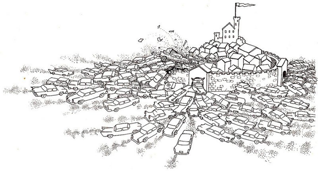 drawing of many cars trying to enter in the city, all around the city. Some of them are climbing onto the others, a terrible mess