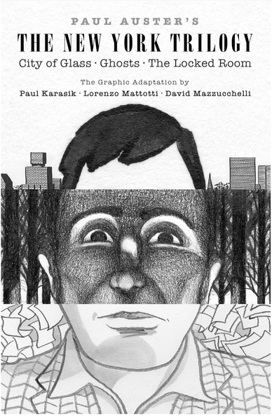 cover of the graphic adaptation of Paul Auster's THE NEW YORK trilogy, showing a face in 3 horizontal ands, with the top portion drawn by David Mazzucchelli, the center by Lorenzo Mattotti, and the bottom by Paul Karasik