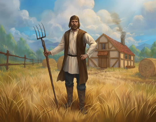 The image depicts a man standing in a field of golden wheat, holding a pitchfork. He is dressed in traditional attire, including a white shirt, brown vest, dark pants, and brown boots. The man has a beard and is wearing a head covering. Behind him, there is a traditional-style house with a red roof and a chimney emitting smoke, suggesting it is occupied. The house is surrounded by a wooden fence, and hay bales are visible in the field. The sky is partly cloudy, and the landscape includes trees and distant mountains, creating a serene rural setting. The overall scene conveys a sense of rural life and agriculture.