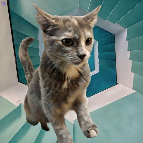 Photo illustration of a a six month old kitten, leggy with irregular tortoiseshell patches of orange and cream color on soft gray fur, climbing a spiral staircase of white and shades of green-blue that stretches from infinite space below, illustrating Steps of Maturity.