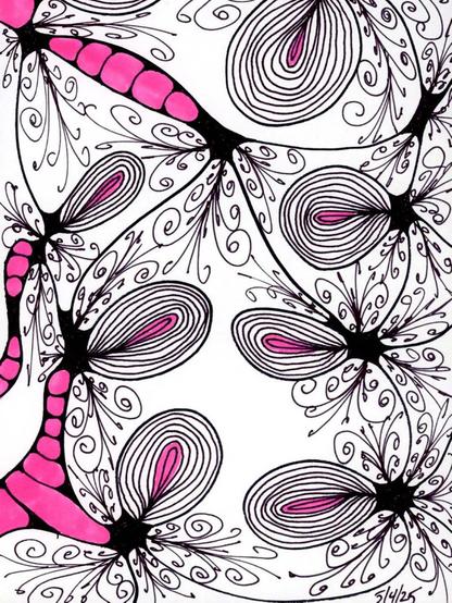 Black ink drawing of decorative butterflies wing patterns featuring concentric circles and flowing lines. The wings have segmented pink bodies and are surrounded by ornate swirls and flourishes. The design has a whimsical, hand-drawn quality with detailed line work throughout. Dated 5/4/25 in the bottom right corner.