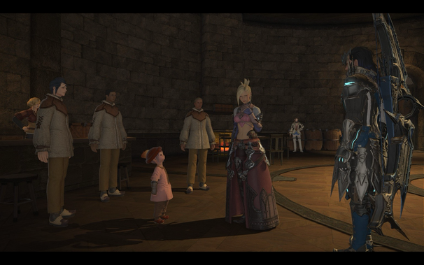 Screenshot of FFXIV, depicting Minfilia and our hero discussing the needs of the refugees that arrived seeking assistance.