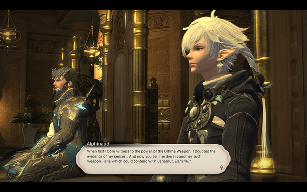 Screenshot of FFXIV, our hero and Alphinaud discover the conspiracy occurring within the Syndicate.