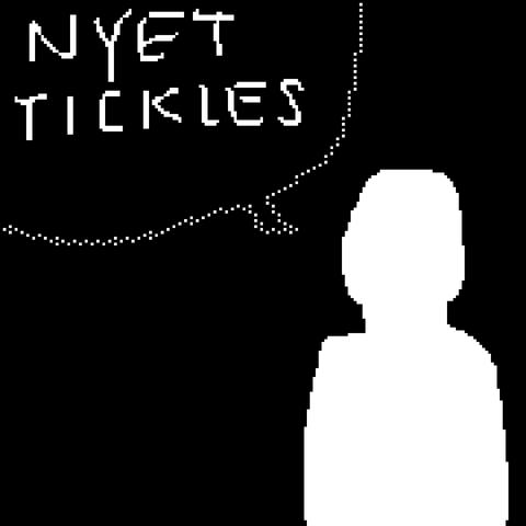 a single panel comic rendered in a low resolution pixel style. a silhouette with a word bubble saying ‘nyet tickles’