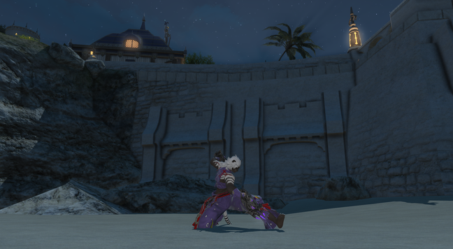 Screenshot of Camellia, a Hrothgar girl, doing martial arts training