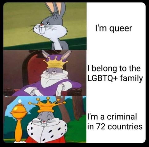 A three part meme.  The first panel is Bugs Bunny slouching.  The text says “I’m queer”.

The second has Bugs reclining in a basic robe with a small crown on.  The text says “I belong to the LGBTQ+ family.”

The third panel has Bugs in a regal robe, holding a scepter and wearing a large crown.  The text says “I’m a criminal in 72 countries.”