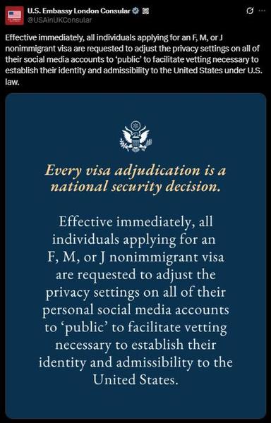 People applying for Visa must adjust privacy settings in the US