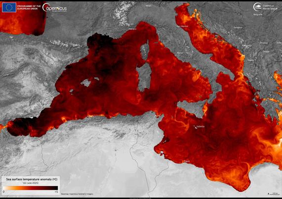Satellitenbild des Mittelmeeres mit Wassertemperaturen.
Im westlichen Mittelmeer liegt die durchschnittliche Temperatur bereits über 5° über der üblichen Temperatur für diese Jahreszeit.