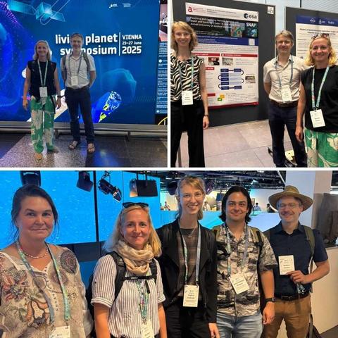 Personen auf einer Fachveranstaltung zeigt das Team von Prof. Dr. Marion Pause von der Hochschule Anhalt bei der Präsentation seiner Forschung zum Thema Fernerkundung mit Hilfe von Hyperspektraldaten