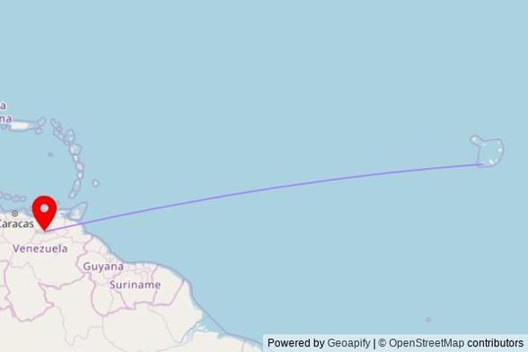 A map showing the great circle route from Cova Figueira in Cape Verde to a map pin at Iglesia Santa Cruz, Calle Brisas del Caris, El Tigre 6050, Anzoategui State, Venezuela