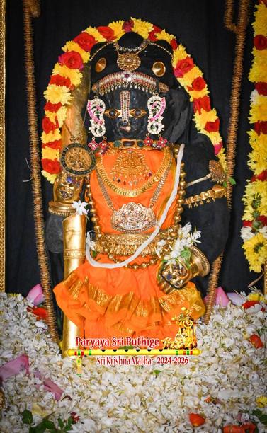 Idol of Hindu deity Krishna in orange standing with gold-covered palms (and back of the hand), holding a gold-covered staff in right hand, left hand resting on left waist front, black arms, wearing several gold ornaments. A heap of loose white jasmine flowers all around Krishna covering everything from hi knee down. A string of alternating red and yellow flowers over Krishna's head going from his left shoulder to his right shoulder.