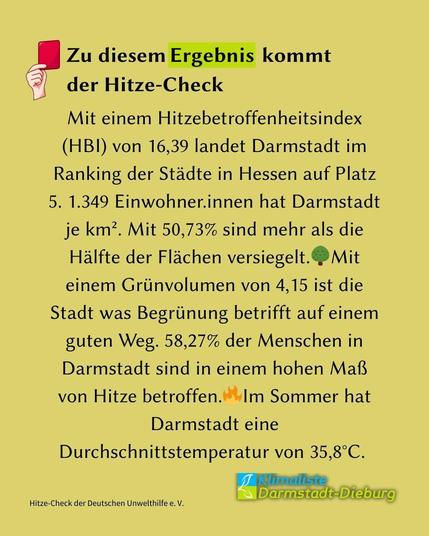 Auf beigem Grund steht Text in schwarz. Schlagzeile: "Zu diesem Ergebnis kommt der Hitze-Check". Das Wort "Ergebnis" ist frühlingsgrün hinterlegt. Links daneben ist eine Hand mit einer roten karte abgebildet. Darunter der Text mit Emojis: "Mit einem Hitzebetroffenheitsindex (HBI) von 16,39 landet Darmstadt im Ranking der Städte in Hessen auf Platz 5. 1.349 Einwohner.innen hat Darmstadt je km². Mit 50,73% sind mehr als die Hälfte der Flächen versiegelt. "Baum-Emoji" Mit einem Grünvolumen von 4,15 ist die Stadt was Begrünung betrifft auf einem guten Weg. 58,27% der Menschen in Darmstadt sind in einem hohen Maß von Hitze betroffen. "Feuer-Emoji" Im Sommer hat Darmstadt eine Durchschnittstemperatur von 35,8°C."
Links unten steh "Hitze-Check der Deutschen Umwelthilfe e. V.". Rechts unten ist das Logo des Kreisverbandes Klimaliste Darmstadt-Dieburg zu sehen.