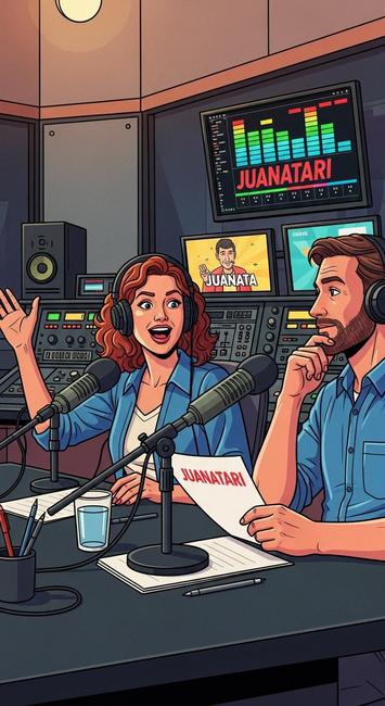 Set de studio de  radio #ATARIZADXS anime con 2 locutores dando noticias del artista JUANATARI y los ATARIZAD@S