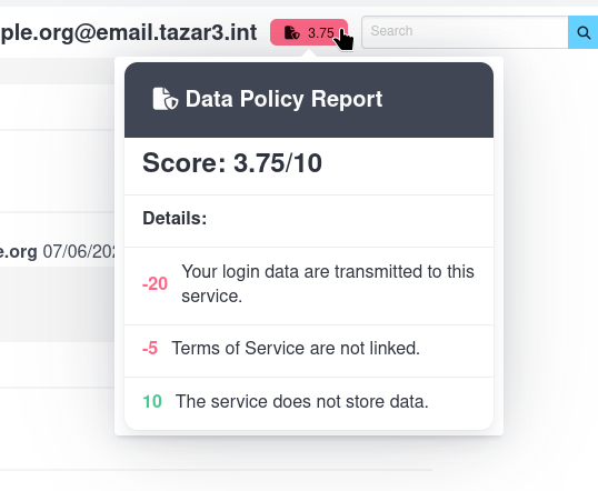 The mouse pointer is above the badge of the previous screenshot, it show a "Data Policy Report" panel. Here is the content of the panel:
```
Score: 3.75/10 

Details:

-20 Your login data are transmitted to this service.
-5 Terms of Service are not linked.
10 The service does not store data.
```

The first two scores, with negative values, are show in red, the last one, with positive value, is shown in green.