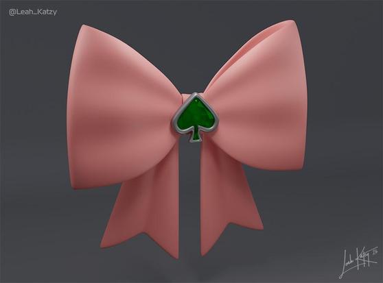 3D hair bow, pink with green gemstone in a silver frame (shape of heart). For a character