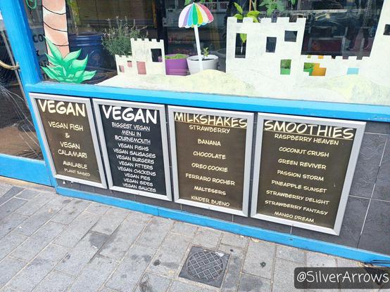 Menu for Seabird. Shows vegan options available.

Vegan fish and vegan calamari
Biggest vefna menu in Bournemouth
Vegan fish, sausages, burgers, fritters, chickens (sic), pies, sides, sauces