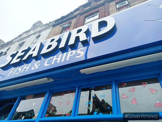 Fascia for Seabird Fish & Chips. Royal blue with white sans serif