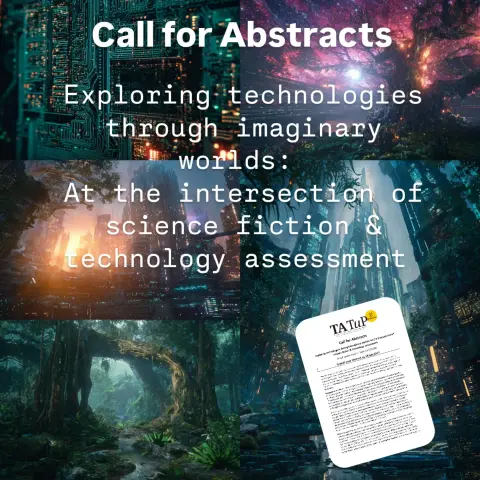 Hintergrund: Midjourney Prompt: A stylish, ethereal image blending futuristic technology with fantastical landscapes. Imagine intricate circuits forming ancient ruins on an alien planet, glowing data streams flowing like rivers through a bioluminescent forest, and towering skyscrapers constructed from crystalline data structures, all bathed in an aurora of analytical light. The aesthetic should be a harmonious fusion of cyberpunk sleekness and fantasy wonder, with subtle hints of human ingenuity and critical thought. High detail, volumetric lighting, rich color palette with neon accents, cinematic, thought-provoking, 8K, concept art.
 
Text: Call for Abstracts. Exploring technologies through imaginary worlds: At the intersection of science fiction & technology assessment 

Thumbnail der ersten Seite des CfA