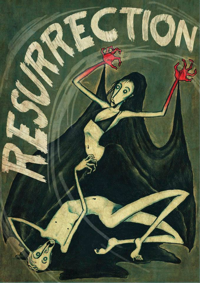 Ilustracion para el show Resurrection.
Una persona atormentada se retuerce en agonía en el suelo. De pie sobre él hay una mujer con cabello largo y negro y una capa negra ondulante, como un vampiro. Sus brazos extendidos y sus manos en forma de garra están cubiertos de sangre. Fluyendo dinámicamente de una persona a otra está la palabra "resurrection". Todo está dibujado en un estilo descarnado y dramático como el póster de una película antigua.