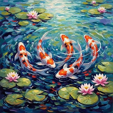Brightly colored koi fish swim gracefully in a serene pond surrounded by vibrant green lily pads and pink water lilies.