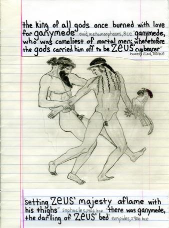 A lined page noting down several quotes about Zeus and Ganymede in handwriting with a pencil drawing of Zeus courting Ganymede copied from a vase painting. The text reads:
"'The king of all gods once burned with love for Ganymede' (Ovid, Metamorphoses, 8 CE). 'Ganymede, who was comeliest of mortal men, wheretofore the gods carried him off to be ZEUS' cupbearer' (Homer, Iliad, 700 BCE). 'Setting ZEUS' majesty aflame with his thighs' (Sophocles, 406 BCE). 'There was Ganymede, the darling of ZEUS'…