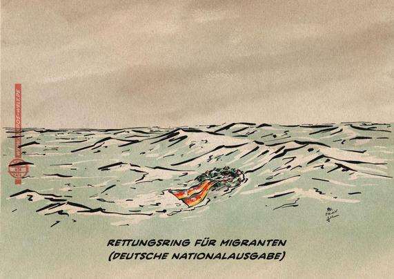 Illustration vom Meer, auf dem ein Kranz mit Schleife in deutschen Nationalfarben treibt. Textzeile: Rettungsring für Migranten (Deutsche Nationalausgabe)