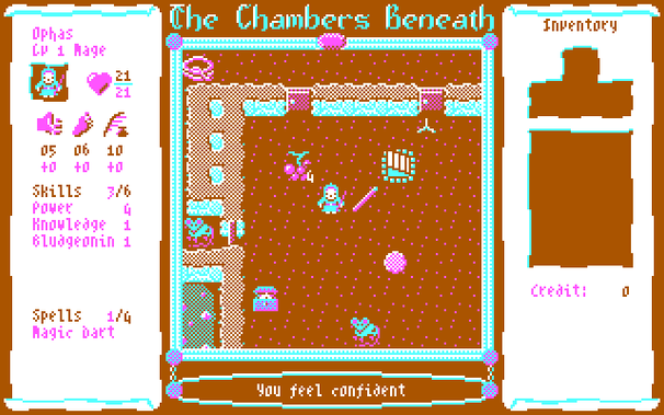 A screenshot of The Chambers Beneath, showing Ophas the Mage in a dungeon. Ophas has strength 5, agility 6, intelligence 10 as befits a mage. Skills are Power: 4, Knowledge: 1 and Bludgeoning: 1. Ophas has already learned the Magic Dart spell, which can be used to zap enemies at range. Various items lie about on the dungeon floor, while vermin lie in wait to attack Ophas. Ophas has yet to collect any loot.