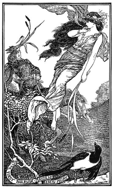 A young woman with long hair and a bulrush in her hand floats away from a walled garden, while a magpie stands in the foreground and a knight approaches, carrying his own handful of bulrush.